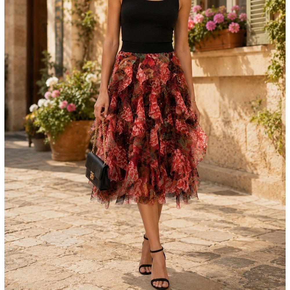 Cato Floral Ruffle Mesh Midi Skirt Size Small Romantic Cottagecore Coquette
